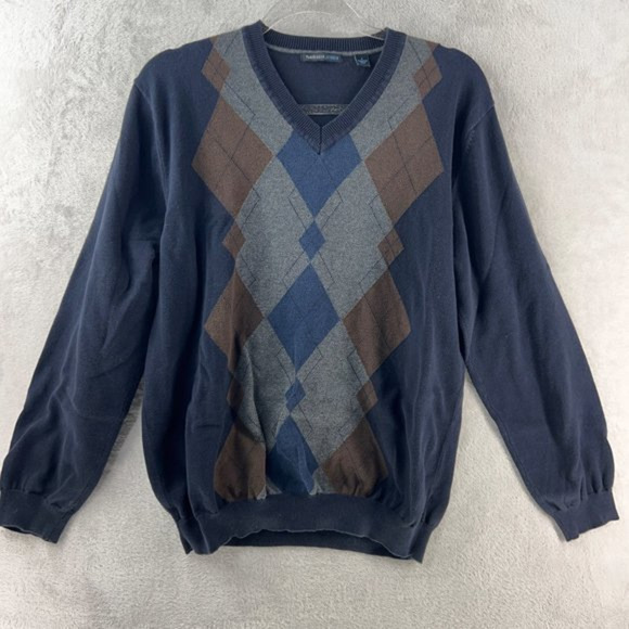 Van Heusen Sweater Mens Large Argyle Navy‎ Blue V Neck - Picture 1 of 8